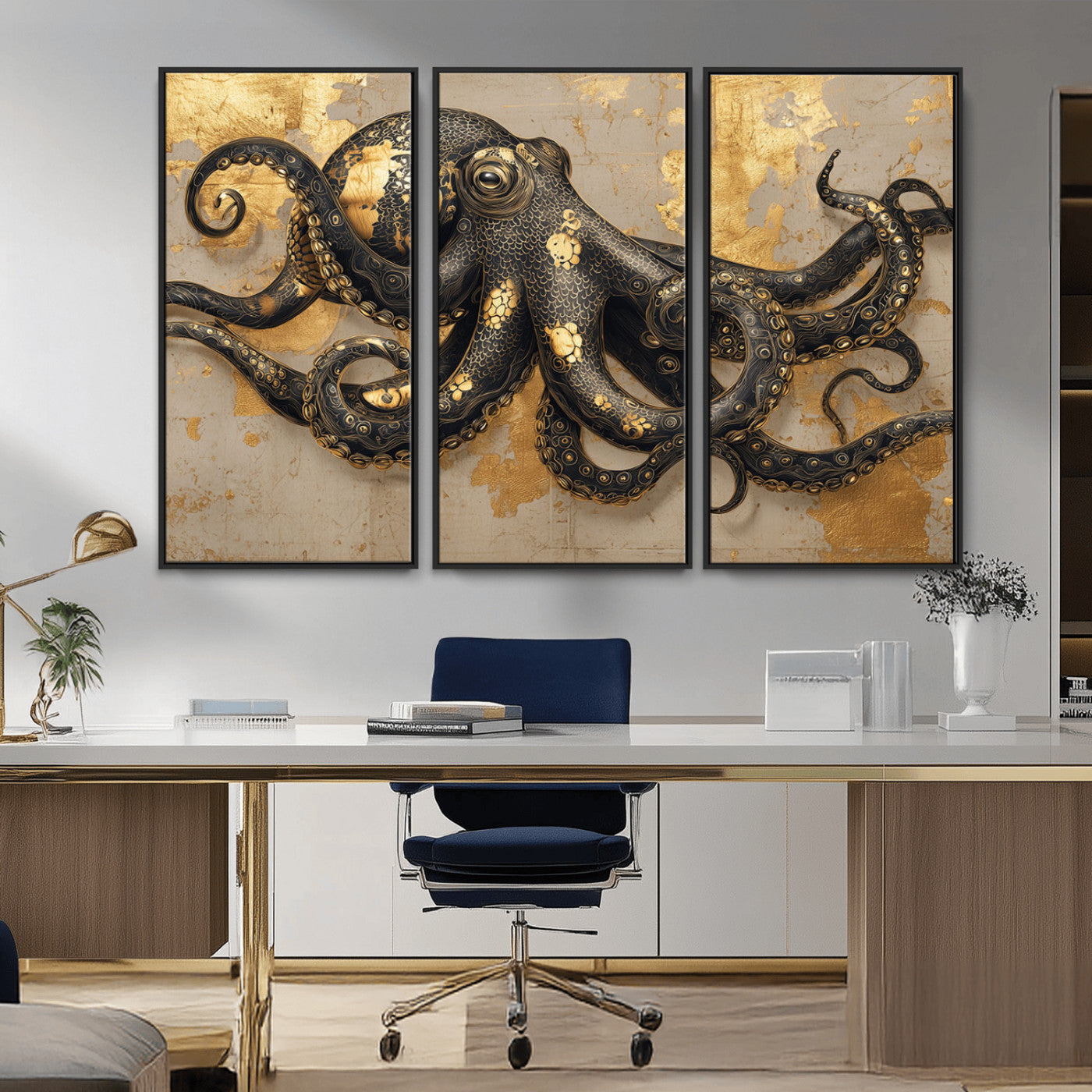 57944271-MGV-CV-36X24-Octopus Wall Art – Black and Gold Nautical Canvas Print, Modern Ocean Inspired Artwork with Elegant Detailing, Coastal Marine