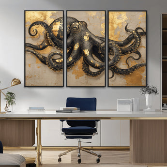 57944271-MGV-CV-36X24-Octopus Wall Art – Black and Gold Nautical Canvas Print, Modern Ocean Inspired Artwork with Elegant Detailing, Coastal Marine
