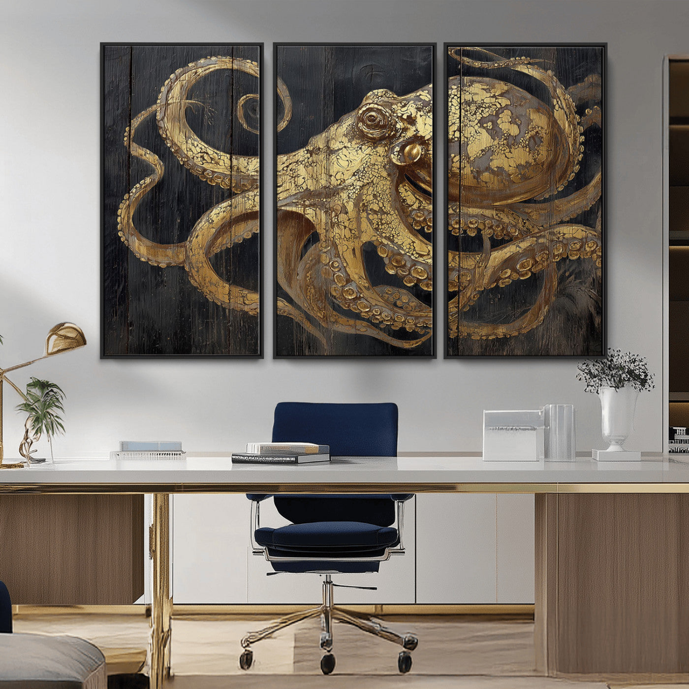 47056538-MGV-CV-36X24-Octopus Canvas Wall Art – Gold Detail, Wooden Texture, Marine Life, Ocean Creature Tentacles, Nautical Coastal Rustic Decor for