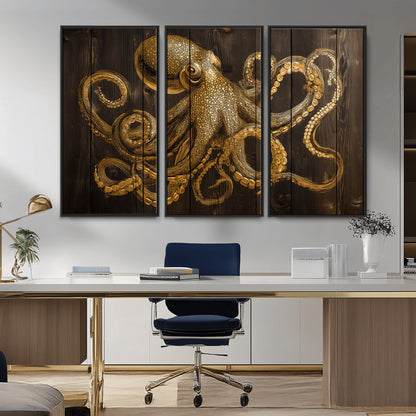 56769669-MGV-CV-36X24-Octopus Wall Art – Gold Nautical Canvas Print with Rustic Wood Panel Design, Detailed Marine Artwork for Coastal Ocean Decoration