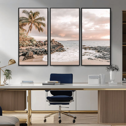 18005328-MGV-CV-36X24-Tropical Beach Canvas Wall Art – Palm Tree, Rocky Shoreline, Ocean Waves, Sunset Clouds, Calm Sea, Island Nature Relaxation for