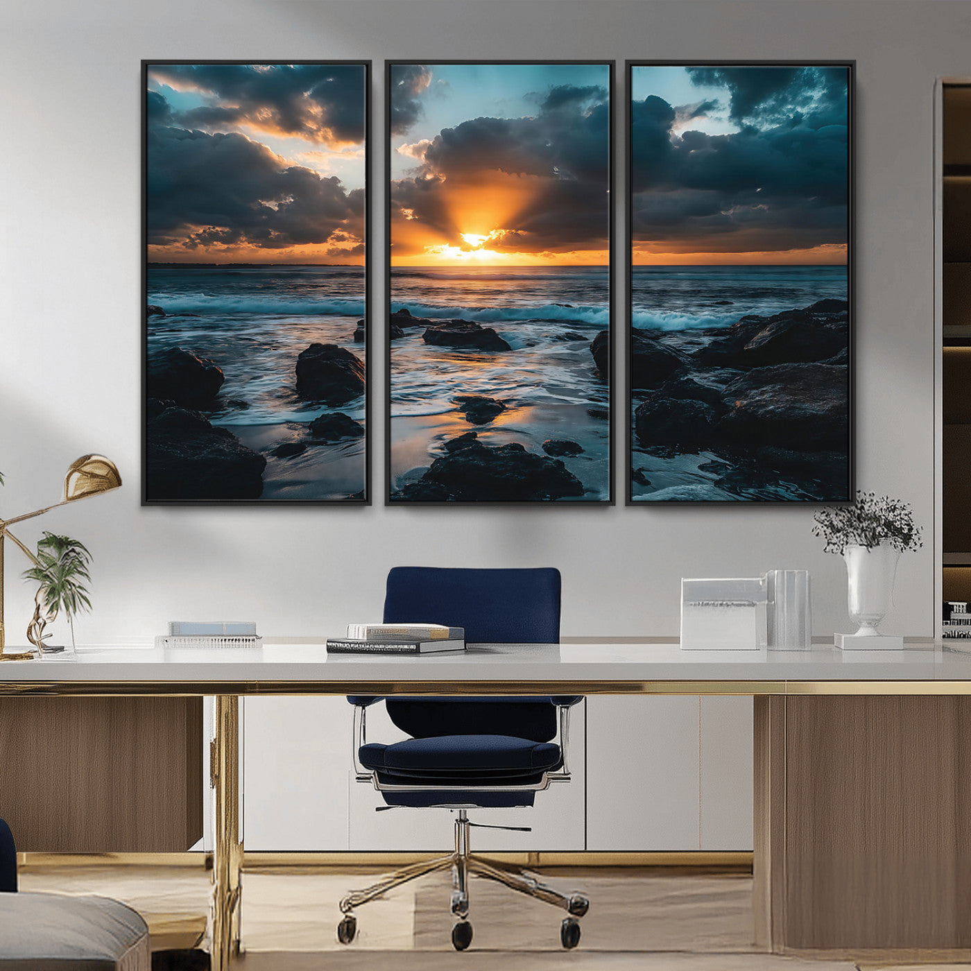 66040852-MGV-CV-36X24-Ocean Sunset Canvas Wall Art – Rocky Shore Waves, Dramatic Clouds, Golden Sun Rays, Coastal Nature, Serene Water Reflection for