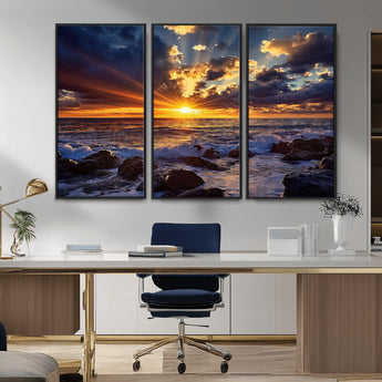 35900590-MGV-CV-36X24-Sunset Ocean Waves Canvas Wall Art – Rocky Shore, Dramatic Sky, Golden Sun Rays, Coastal Beauty, Serene Water Motion for Living