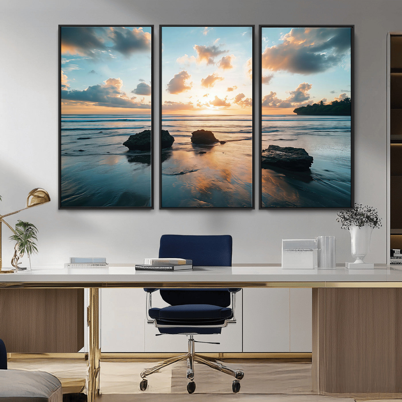 23879436-MGV-CV-36X24-Ocean Sunset Wall Art – Serene Seascape Canvas Print with Golden Sky, Reflections on Sand and Calm Waves, Peaceful Coastal