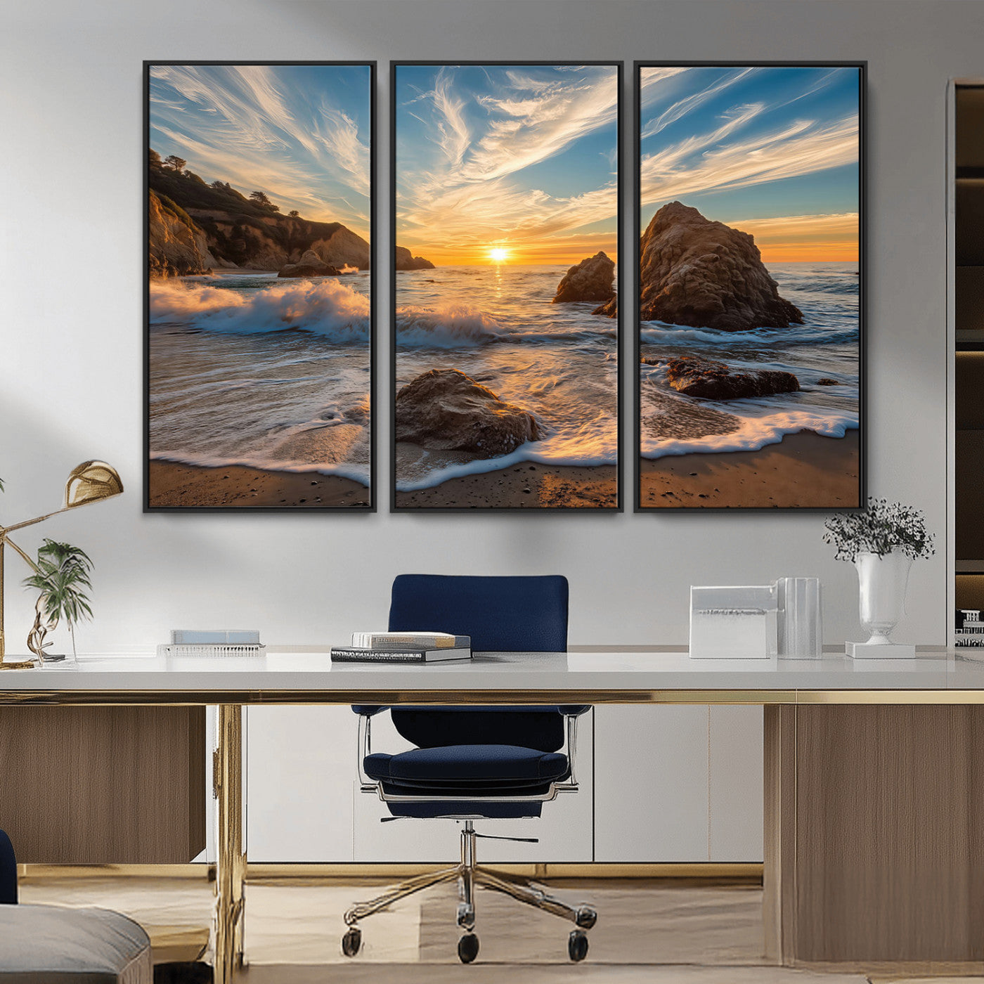 85659923-MGV-CV-36X24-Rocky Ocean Sunset Canvas Wall Art – Seaside Dramatic Seascape Print, Coastal Modern Decor, Ocean Sunset Art for Living Room or