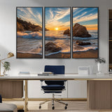 85659923-MGV-FC-48X32-3P_Black-Ocean Sunset Wall Art – Dramatic Seascape Canvas Print with Cliffs, Crashing Waves and Golden Sky, Bold Coastal Photography for