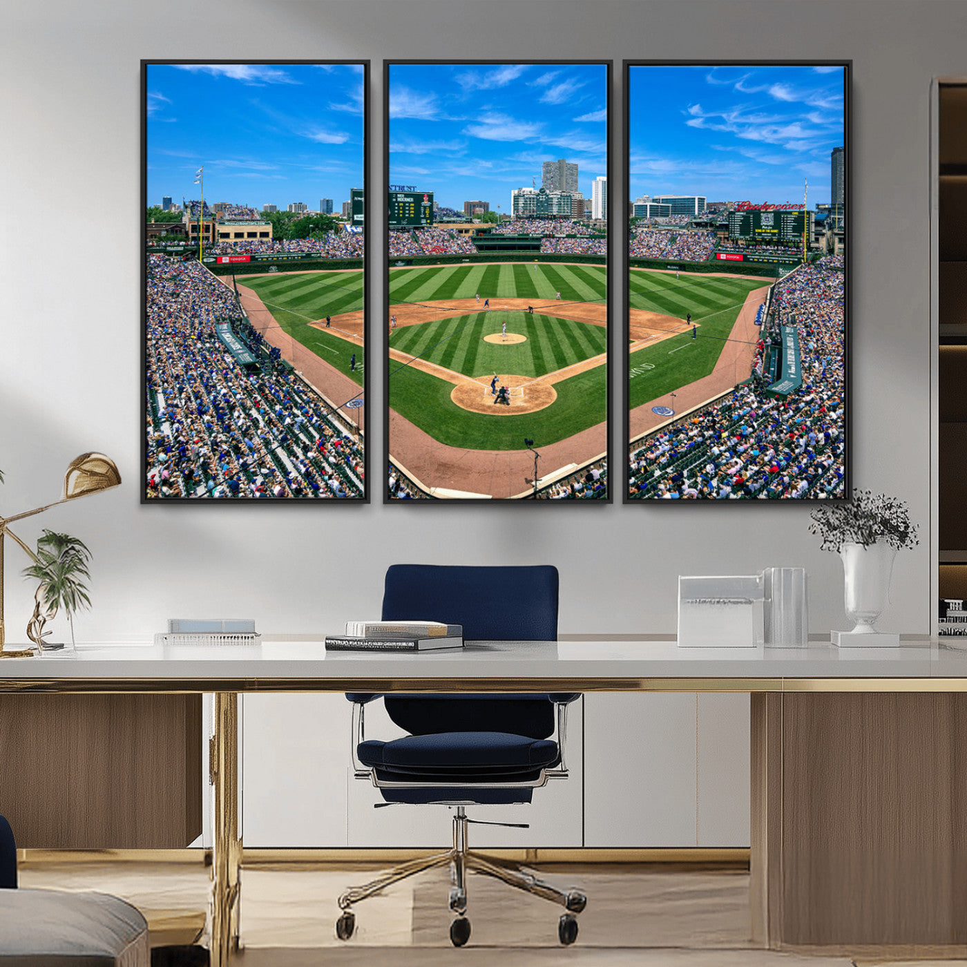 56213978-MGV-CV-36X24-Baseball Stadium Wall Art – Panoramic Ballpark Canvas Print with Fans, Green Field and City Skyline, Classic Sports Photography