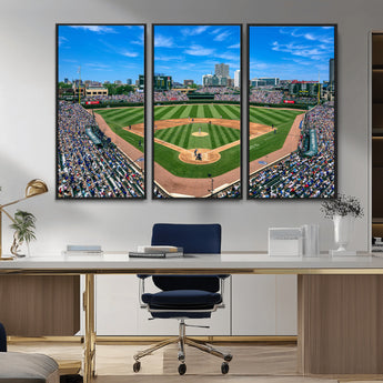 56213978-MGV-CV-36X24-Baseball Stadium Wall Art – Panoramic Ballpark Canvas Print with Fans, Green Field and City Skyline, Classic Sports Photography