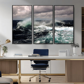 38622353-MGV-CV-36X24-Ocean Wave Wall Art – Dramatic Seascape Canvas Print with Stormy Sky and Crashing Sea, Bold Coastal Photography for Living Room,