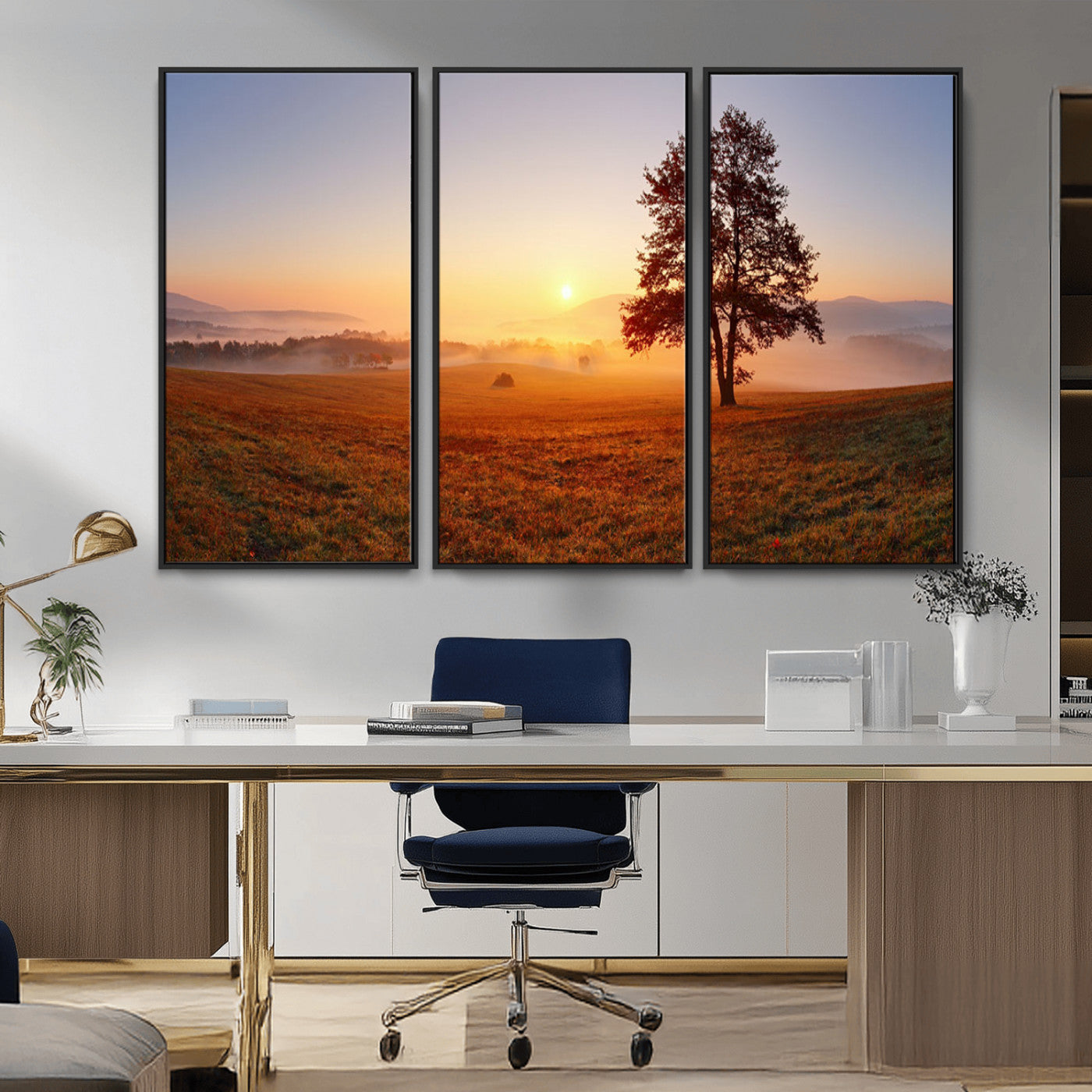 57919623-MGV-CV-36X24-Sunrise Landscape Wall Art – Golden Morning Canvas Print with Tree, Misty Hills and Open Field, Peaceful Nature Photography for