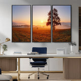 57919623-MGV-CV-36X24-Sunrise Landscape Wall Art – Golden Morning Canvas Print with Tree, Misty Hills and Open Field, Peaceful Nature Photography for
