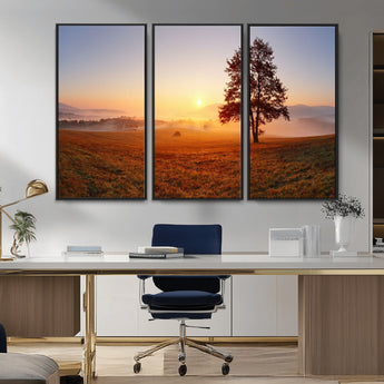 57919623-MGV-CV-36X24-Sunrise Landscape Wall Art – Golden Morning Canvas Print with Tree, Misty Hills and Open Field, Peaceful Nature Photography for
