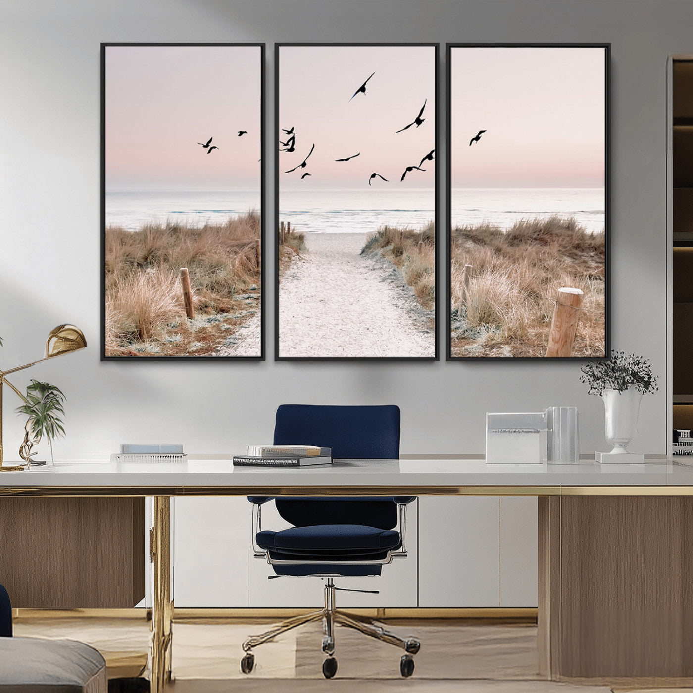 34632598-MGV-CV-36X24-Beach Pathway Wall Art – Coastal Canvas Print with Sandy Trail, Flying Birds and Pastel Sky, Serene Ocean Landscape Photography