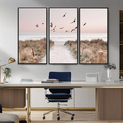 34632598-MGV-CV-36X24-Beach Pathway Wall Art – Coastal Canvas Print with Sandy Trail, Flying Birds and Pastel Sky, Serene Ocean Landscape Photography