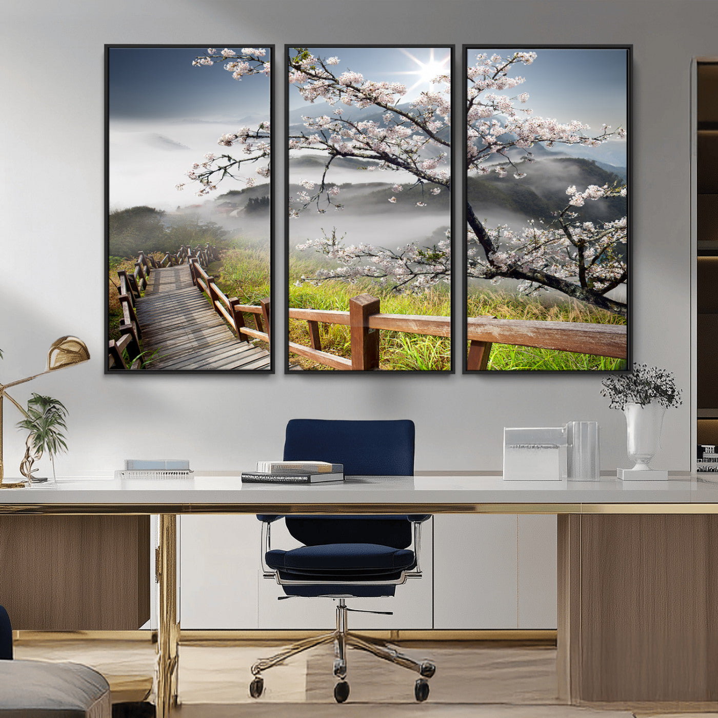 34632598CRY-MGV-CV-36X24-Cherry Blossom Wall Art – Scenic Asian Landscape Canvas Print with Wooden Walkway, Misty Mountains and Sunrise, Serene Nature