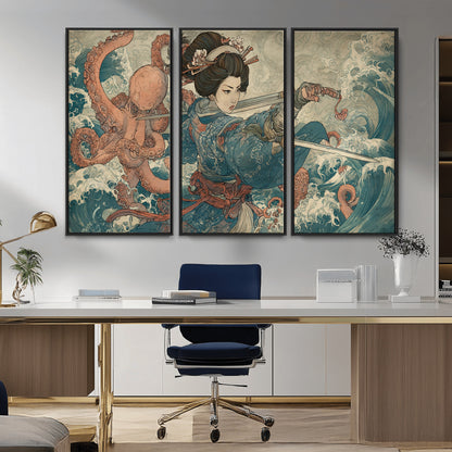 52037775-MGV-CV-36X24-Samurai Woman Wall Art – Japanese Ukiyo e Style Canvas Print with Katana, Ocean Waves and Octopus, Traditional Asian Inspired