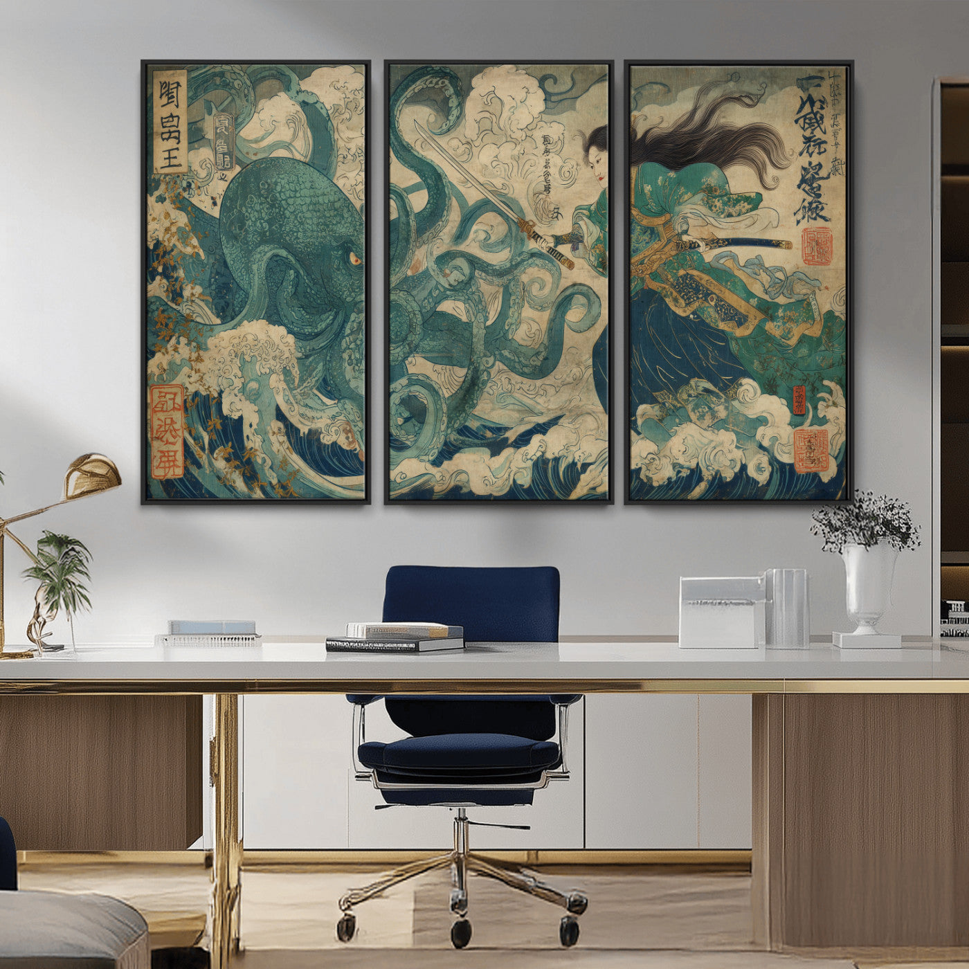 60346622-MGV-CV-36X24-Tsukioka Yoshitoshi Samurai Wall Art Print, Japanese Katana Warrior Canvas Wall Art, Octopus Sea Monster Canvas Print,