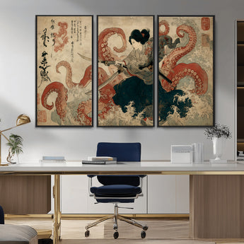50812504-MGV-CV-36X24-Tsukioka Yoshitoshi Samurai Wall Art Print, Japanese Katana Warrior Canvas Wall Art, Octopus Sea Monster Canvas Print,
