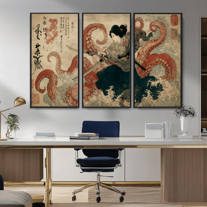 50812504-MGV-CV-36X24-Tsukioka Yoshitoshi Samurai Wall Art Print, Japanese Katana Warrior Canvas Wall Art, Octopus Sea Monster Canvas Print,
