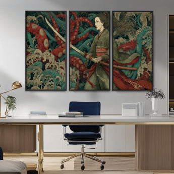 18902796-MGV-CV-36X24-Samurai Woman vs Octopus Wall Art – Japanese Ukiyo-e Green Kimono Canvas Print, Ocean Battle Scene Artwork for Living Room,
