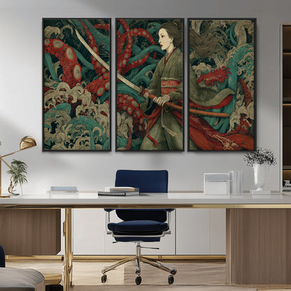 18902796-MGV-CV-36X24-Samurai Woman vs Octopus Wall Art – Japanese Ukiyo-e Green Kimono Canvas Print, Ocean Battle Scene Artwork for Living Room,