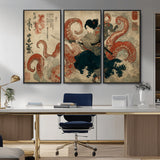 82737246-MGV-CV-36X24-Samurai Woman vs Octopus Wall Art – Japanese Ukiyo-e Dual Sword Canvas Print, Red Tentacle Ocean Battle Artwork for Living Room,