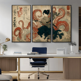 82737246-MGV-CV-36X24-Samurai Woman vs Octopus Wall Art – Japanese Ukiyo-e Dual Sword Canvas Print, Red Tentacle Ocean Battle Artwork for Living Room,