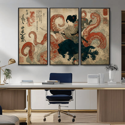 82737246-MGV-CV-36X24-Samurai Woman vs Octopus Wall Art – Japanese Ukiyo-e Dual Sword Canvas Print, Red Tentacle Ocean Battle Artwork for Living Room,