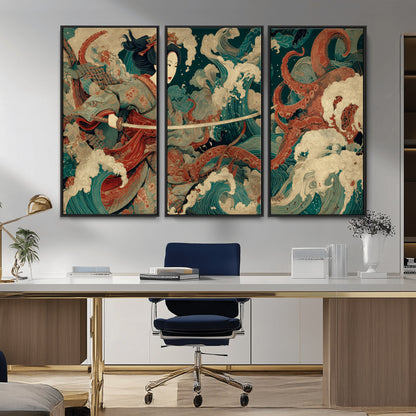 30212982-MGV-CV-36X24-Samurai Woman vs Octopus Wall Art – Japanese Ukiyo-e Style Warrior and Sea Monster Canvas Print, Mythology Inspired Artwork for
