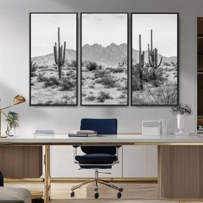 97436PHN-MGV-CV-36X24-Desert Landscape Wall Art – Black and White Cactus and Mountain Canvas Print, Southwestern Nature Photography for Living Room,