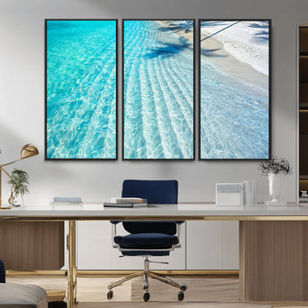 68127042-MGV-FC-48X32-3P_Black-Beach Wall Art – Tropical Ocean Canvas Print, Clear Water and White Sand Photography Decor for Bedroom, Living Room, Office,