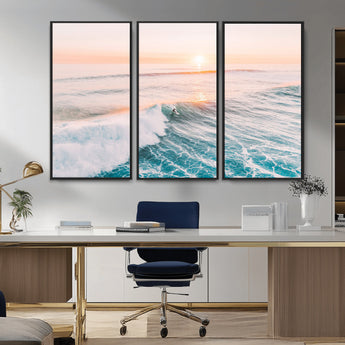 34064591-MGV-CV-36X24-Surfing Wall Art – Sunset Ocean Wave Canvas Print, Surfer Riding Sea Photography Decor for Bedroom, Living Room, Office, Coastal