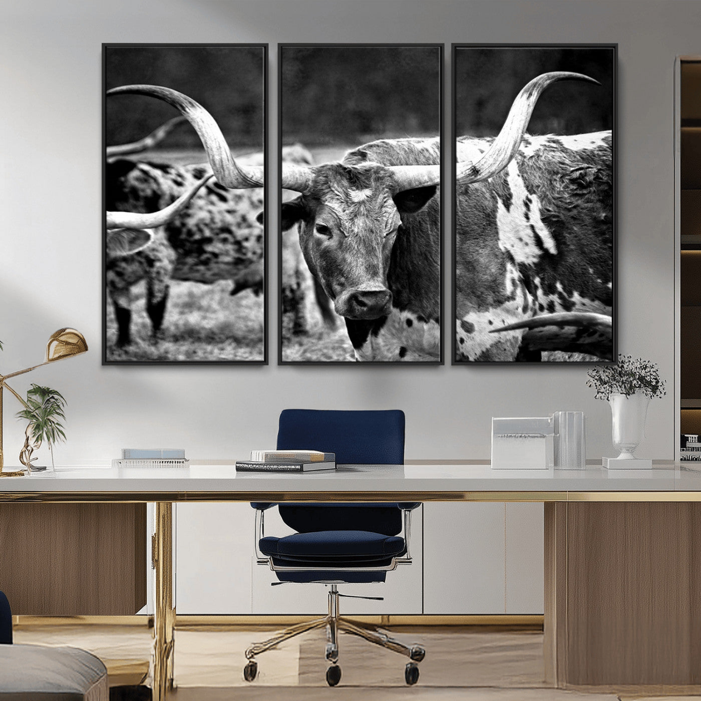 15425553-MGV-FC-48X32-3P_Black-Western Wall Art – Longhorn Cattle Black and White Canvas Print, Rustic Ranch Photography Decor for Bedroom, Living Room, Office,