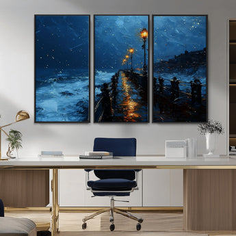 48300530-MGV-CV-36X24-Dark Stormy Pier Canvas Wall Art – Moody Ocean Night Scene with Street Lamps, Blue Coastal Seascape Print for Bedroom, Office, or
