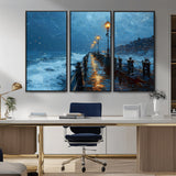 93793246-MGV-CV-36X24-Stormy Night Pier Canvas Wall Art – Moody Ocean Landscape with Lights, Blue Coastal Seascape Print for Bedroom, Living Room,
