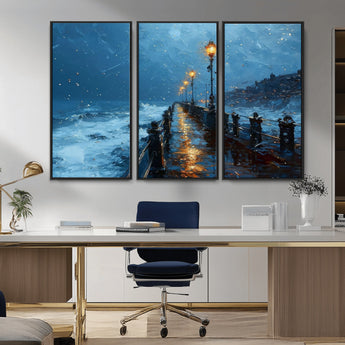 93793246-MGV-CV-36X24-Stormy Night Pier Canvas Wall Art – Moody Ocean Landscape with Lights, Blue Coastal Seascape Print for Bedroom, Living Room,