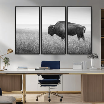 90861202-MGV-CV-36X24-Black and White Bison Canvas Wall Art – Rustic American Buffalo Print, Western Wildlife Photography for Farmhouse, Cabin, Office