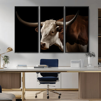 27414857-MGV-CV-36X24-Texas Longhorn Bull Canvas Wall Art – Rustic Western Farmhouse Decor, Brown & White Cow Portrait, Animal Print for Ranch Home