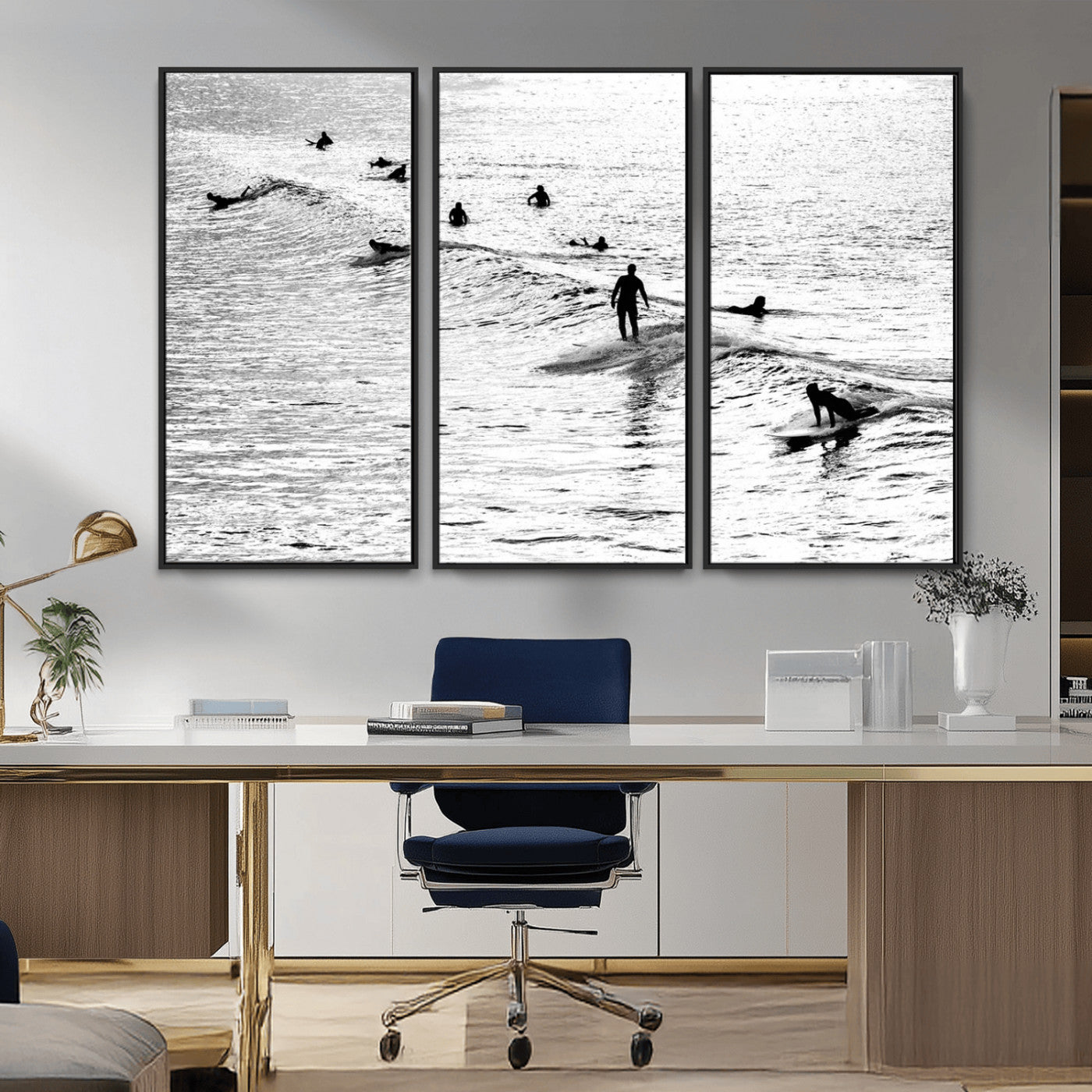 68018616-MGV-CV-36X24-Black and White Surf Photography Print – Minimalist Ocean Wall Art, Surfers Riding Waves, Coastal Beach Decor for Modern Home or