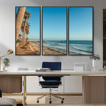 92568259-MGV-CV-36X24-California Beach Wall Art – Palm Tree Pier Canvas Print, Coastal Ocean Photography Seaside Decor for Living Room, Bedroom, Office,