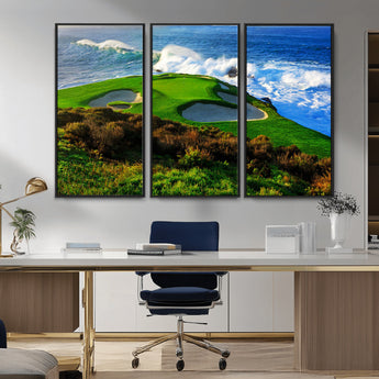 34181847-MGV-FC-48X32-3P_Black-Coastal Golf Course Wall Art – Panoramic Ocean Fairway Canvas Print, Scenic Sports Photography Decor for Office, Man Cave, Living