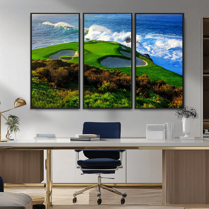 34181847-MGV-FC-48X32-3P_Black-Coastal Golf Course Wall Art – Panoramic Ocean Fairway Canvas Print, Scenic Sports Photography Decor for Office, Man Cave, Living