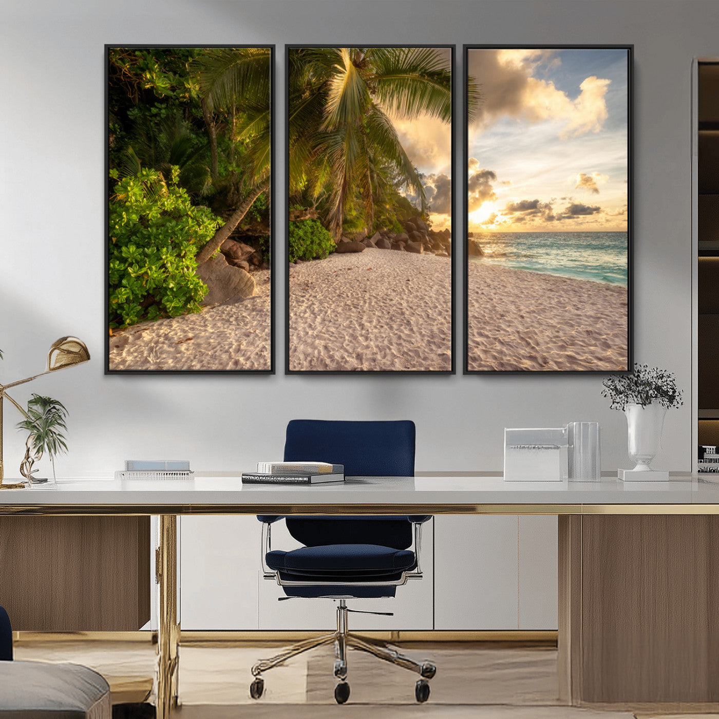 89531159-MGV-CV-36X24-Tropical Beach Sunset Canvas Wall Art – Palm Trees Golden Sand Ocean Waves Coastal Paradise Print for Beach House Bedroom Bathroom