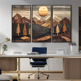 90044381-MGV-CV-36X24-Rustic Wall Art – Wooden Mountain Landscape with Sun and Pine Trees, Handcrafted Nature Canvas Style Decor for Bedroom, Living