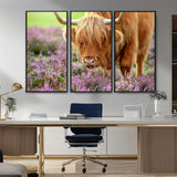 64069351-MGV-FC-48X32-3P_Black-Farmhouse Wall Art – Highland Cow in Wildflowers Canvas Print, Rustic Country Cattle Photography Decor for Bedroom, Living Room,