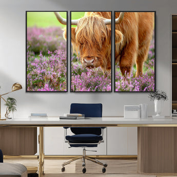 64069351-MGV-FC-48X32-3P_Black-Farmhouse Wall Art – Highland Cow in Wildflowers Canvas Print, Rustic Country Cattle Photography Decor for Bedroom, Living Room,