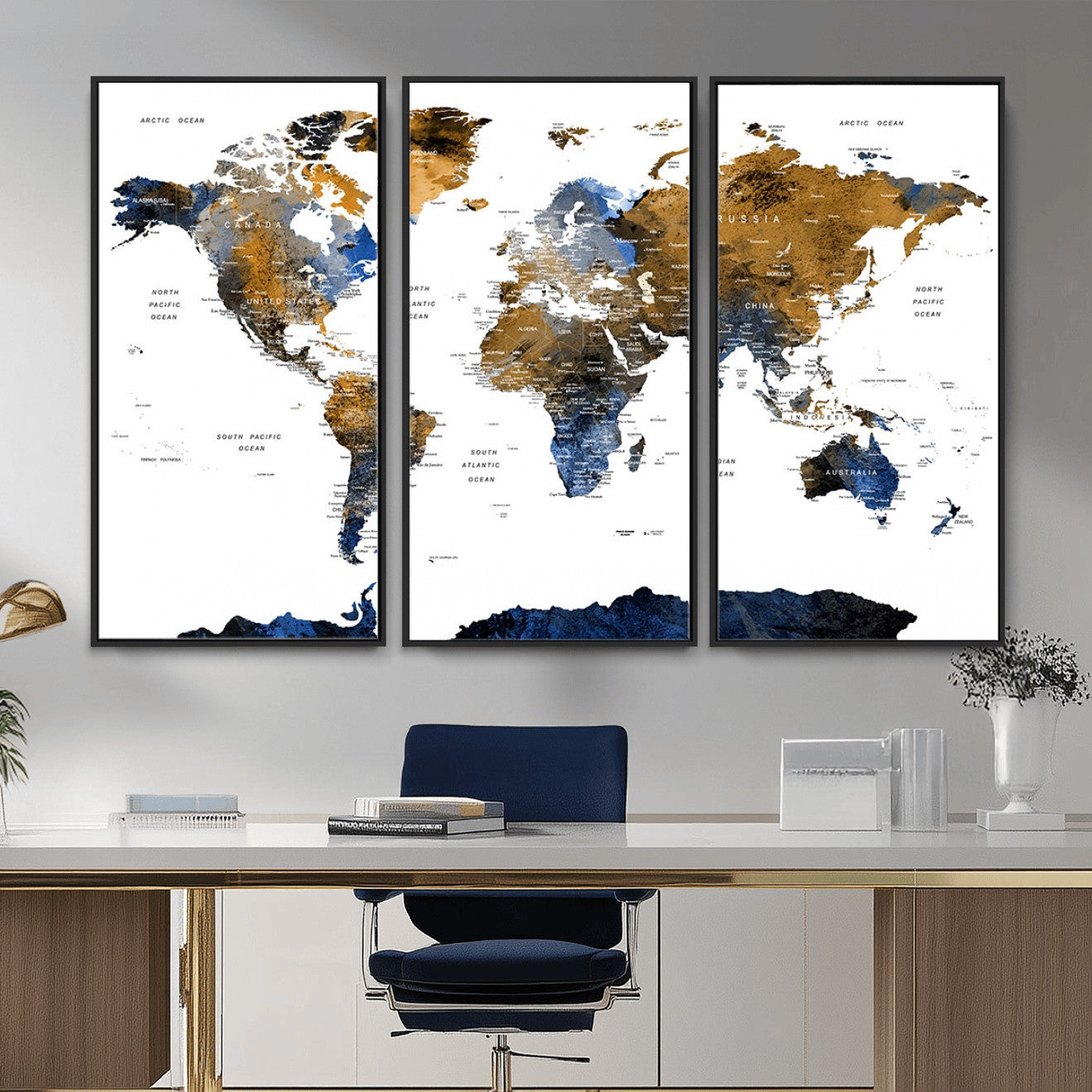 MGV-FC-48X32-3P - World Map Wall Art Canvas Print, Framed Blue Gold Map Art Picture Print, Rustic Atlas Perfect Rustic Modern Decor Artwork