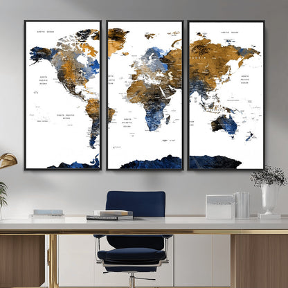 MGV-FC-48X32-3P - World Map Wall Art Canvas Print, Framed Blue Gold Map Art Picture Print, Rustic Atlas Perfect Rustic Modern Decor Artwork