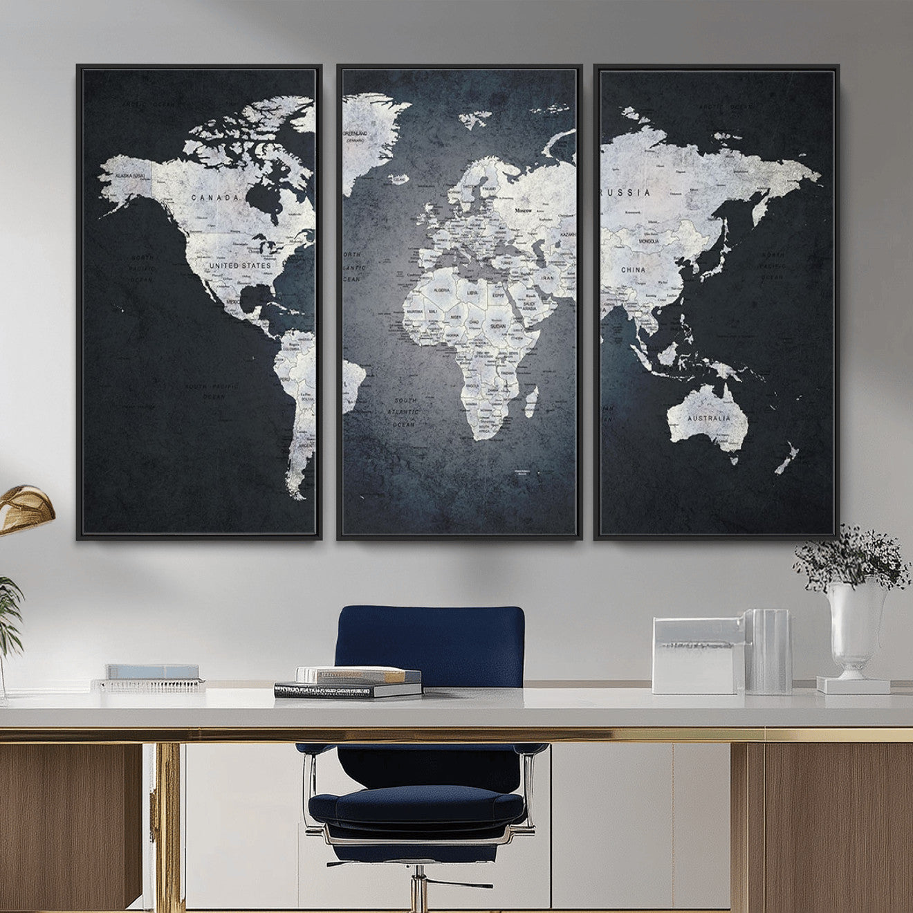 MGV-FC-48X32-3P - Monochrome World Map Wall Art Canvas Print, Framed Minimalist Map Art Picture Print, Modern Atlas Perfect Modern Minimalist Decor Artwork