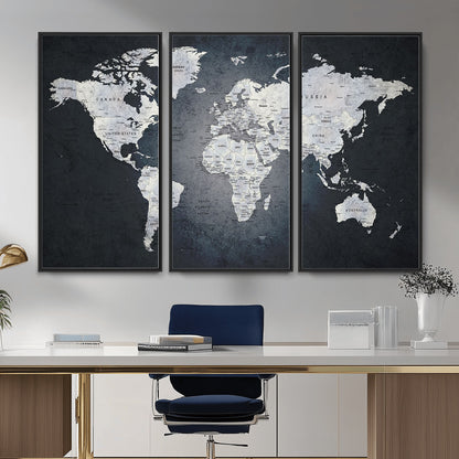 MGV-FC-48X32-3P - Monochrome World Map Wall Art Canvas Print, Framed Minimalist Map Art Picture Print, Modern Atlas Perfect Modern Minimalist Decor Artwork